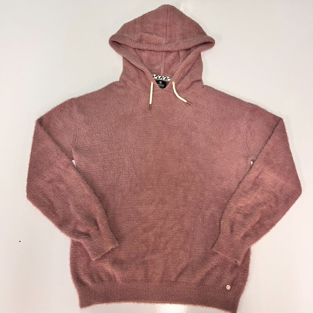 Volcom Womens XS Mauve Fuzzy Knit Hoodie Pullover Eyelash Soft Lived In Lounge